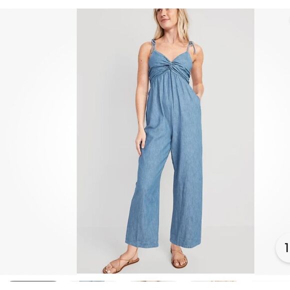 Old Navy Tie Shoulder Denim Twist Front Jumpsuit smocked back Blue size S NWT - Picture 1 of 9